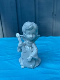 White Ceramic Cherub Angel Playing The Harp