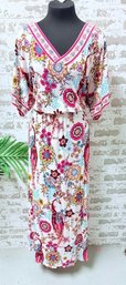 Colleen Lopez White Maxi W/ Vibrant Multicolor Flower Power Pattern Size L