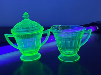 URANIUM Hazel Atlas New Century Green Covered Sugar Bowl & Creamer Set, Vintage Depression Glass