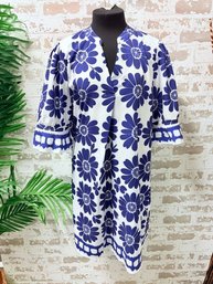 Bold Blue Floral Patterned Crisp White Tunic Style Dress, Size XL
