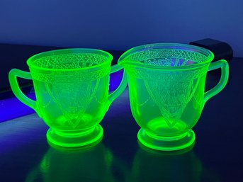 URANIUM Georgian Green By Federal Glass, Open Sugar Bowl & Creamer Set, Vintage Depression Glass