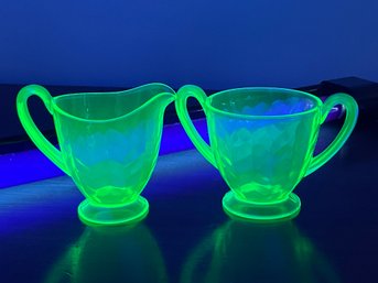 URANIUM Depression Glass Open Sugar Bowl & Creamer Set, Herringbone Optic By Central Glass Works