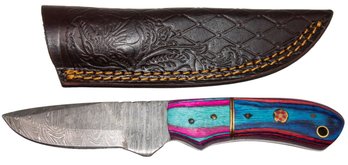 Damascus Steel Knife With Leather Sheath 7.75'