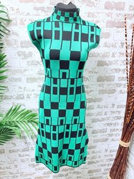 Green & Black Mod Block Patterned Body Con Wiggle Dress By Mad Rag, Size M