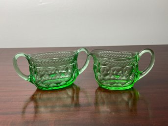 DUNCAN MILLER Georgian Green Depression Glass Open Sugar Bowl & Creamer ***DOES NOT GLOW