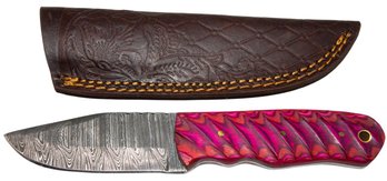 Damascus Steel Knife With Beautiful Wood Handle And Leather Sheath 7.75'