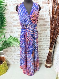 NWT Be By Chetta Blue & Pink Abstract Geometric Patterned Wrap Style Gown Size 14, Retail $86