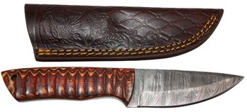 Damascus Steel Knife With Beautiful Wood Handle And Leather Sheath 8.25'