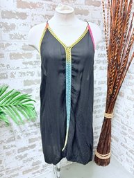 Boho Black Halter Dress With Multicolor Embroidered Trim By Raviya Size S