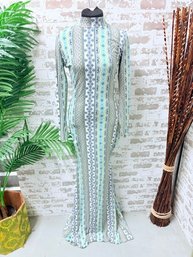Custom Tailored Long Sleeve High Neck Striped Stretch Knit Gown / Resort Wear