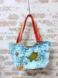 Light Blue Canvas Tote Bag Featuring An Ocean-themed Print With Sea Turtles And Fish, Complete W