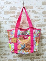 Braciano Vibrant, Multi-colored Floral And Paisley Print Fabric Tote Bag With Bright Pink Handles And Trim .