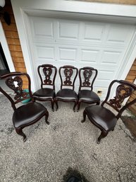 Set Of Five Vintage Victorian Style Carved Wooden Dining Chairs With Leather Seats.