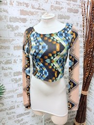 Sans Souci Tan & Blue Tone Geometric Long Sleeve Crop Top Size Large
