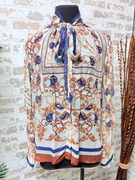 Summum Woman Sheer Gold And Blue Patterned Blouse With Blue Lace Collar