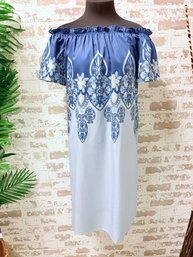 Off The Shoulder Geometric Designed Dress With Blue Tones And Ruffle Collar