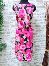 Talbots Pink & Green Floral Sleeveless Dress W/ Bow At Waistline Size 14
