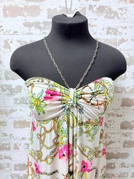 Isbella Green And Pink Pattern Tube Top Style Halter Dress With Link Chain Accent Size M