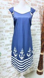 Blue And White Sleeveless Tank Dress With Anchor Nautical Motif Size XL