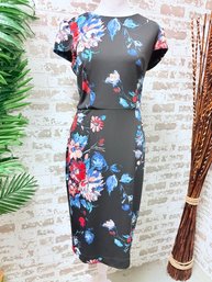 Betsy Johnson Black Cap Sleeve Dress With Blue Tone Floral Motif Size 4