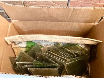 Box Full Of Vintage Or Antique Stained Glass Pieces Textured Glass Green Gold