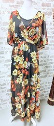 Lover Fire Black Camisole With Black Sheer Yellow And Orange Floral Overlay Size M