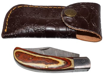 Damascus Steel Pocket Knife With Leather Sheath 6.25'