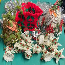 Vintage Christmas Lot With Crocheted Stocking  And  White Plastic Garland Bells