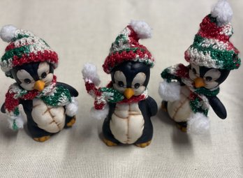 Trio Of Hand Painted Winter Penguin Figurines.