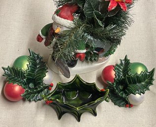 Ceramic Holly And Snowman Figurine