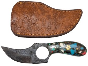 Carbon Steel Knife With Inlay Handle And Leather Sheath 6'