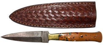 Damascus Steel Knife With Leather Sheath 8.5'