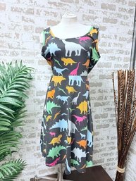 Unique & Playful Black Stretch Knit Dress W/ Multicolor Dinosaur Pattern