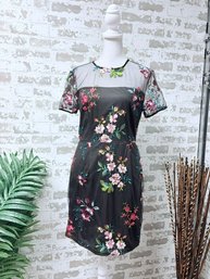 Beautiful Black Dress W/ Sheer Mesh Overlay W Embroidered Flowers