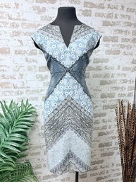 London Times Multitone Blues Multi-fabric Pattern Illusion Dress Size 10