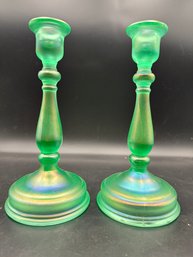 Pair Of Vintage Green Iridescent Glass Candlesticks