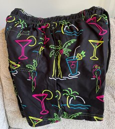 New Medium 6 Tropical And Drinks Print Swim Trunks