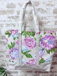 NWT Issac Mizrahi Purple, Pink, And Blue Floral Motif Canvas Tote Bag W/ Attached Pouch