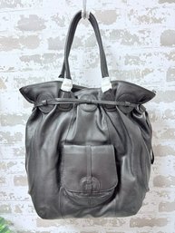 NWT Issac Mizrahi Black Pebbled Leather Drawstring Tote Bag With Removable Clutch