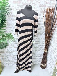 NWT Calvin Klein Black & Tan Striped Jersey Stretch Knit Maxi Dress Size 14