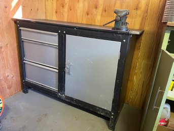 Metal Shop Cabinet With Drawers And Attached Vise