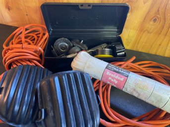 Plastic Tool Box With Contents, 2 Extension Cords, Knee Pads And New Rope