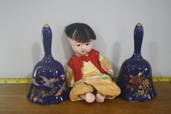 Decor Lot Of Vintage Japanese Porcelain Bells And Doll
