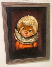 Vintage Crying Child Clown Signed Painting On Velvet