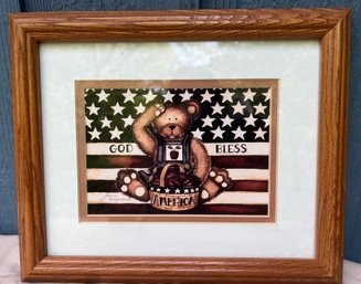 Aurie Korsgaden  Matted Framed Art Print God Bless America Teddy Bear & Flag