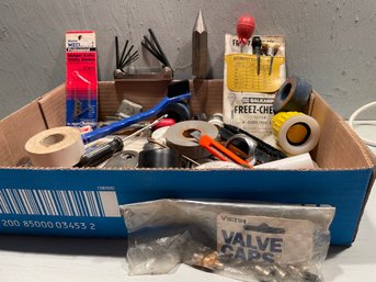 Misc Box Lot Including Box Cutter, Razor Blades, Vintage Freeze Check Picket Protector Full Of Goodies & More