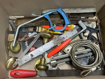 Misc Box Lot With Blue Hack Saw, Door Knobs, Cable For Lock, Large File And More!