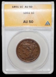 1851 Large Cent ANACS 1851 1C AU50