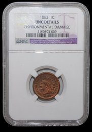 1863 Indian Head Cent Coin 1863 IC Unc. Details Environmental Damage NGC