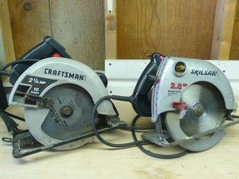 Two Vintage Corded Electric Circular Saws, A Craftsman 2 1/8 HP, 10 Amp Saw & A Skilsaw Model 5375, 2.8 HP Saw